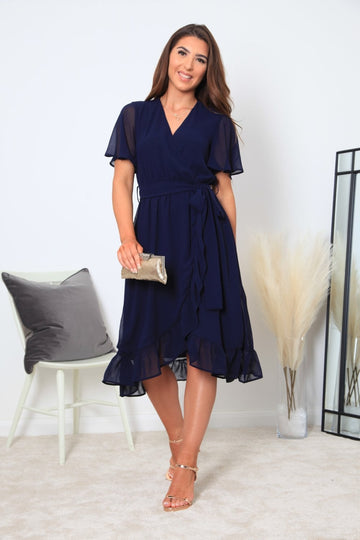 Navy Chiffon Wrap Dress With Tea Sleeve Double Second